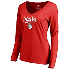 Cincinnati Reds Women's Team Lockup Slim Fit Long Sleeve V-Neck T-Shirt - Red T-shirts