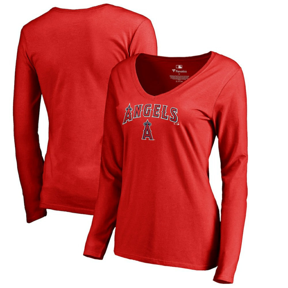 Los Angeles Angels Women's Team Lockup Slim Fit Long Sleeve V-Neck T-Shirt - Red T-shirts