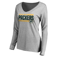 Green Bay Packers Women's Iconic Collection On Side Stripe Long Sleeve V-Neck T-Shirt Ash