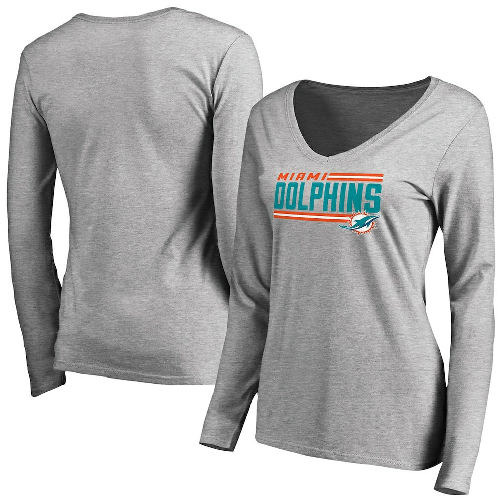 Miami Dolphins Women's Iconic Collection On Side Stripe Long Sleeve V-Neck T-Shirt Ash