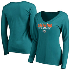 Miami Dolphins Women's Iconic Collection Script Assist Long Sleeve V-Neck T-Shirt Aqua
