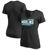 Miami Marlins Women's Onside Stripe V-Neck T-Shirt - Black T-shirts