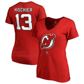 NHL Nico Hischier New Jersey Devils Women's Authentic Stack Name & Number V-Neck T-Shirt - Red