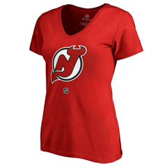 NHL Nico Hischier New Jersey Devils Women's Authentic Stack Name & Number V-Neck T-Shirt - Red