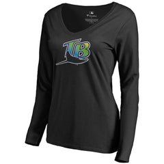 Tampa Bay Rays Women's Cooperstown Collection Forbes Long Sleeve V-Neck T-Shirt - Black T-shirts