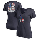Clayton Kershaw Los Angeles Dodgers Women's Banner Wave Name & Number V-Neck T-Shirt - Navy T-shirts