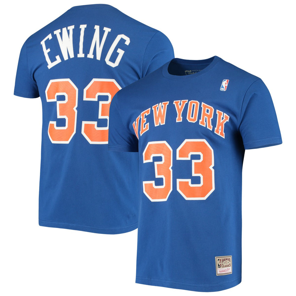 Patrick Ewing New York Knicks Hardwood Classics Stitch Name & Number T-Shirt Blue