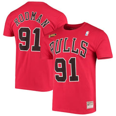 Dennis Rodman Chicago Bulls Hardwood Classics Stitch Name & Number T-Shirt Red