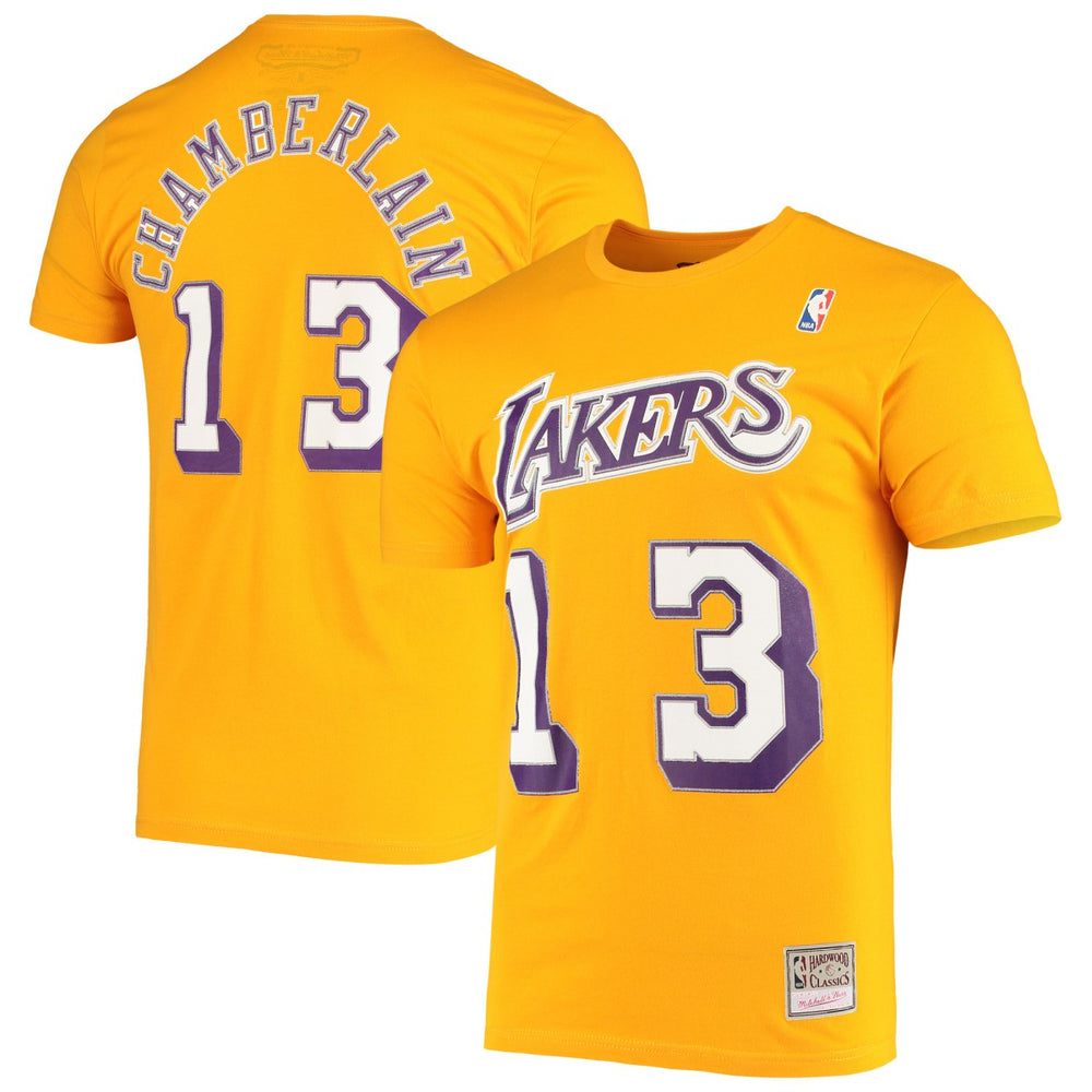 Wilt Chamberlain Los Angeles Lakers Hardwood Classics Stitch Name & Number T-Shirt Gold