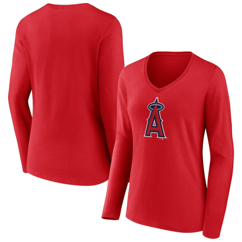 Los Angeles Angels Women's Official Logo Long Sleeve V-Neck T-Shirt - Red T-shirts