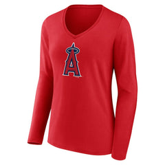Los Angeles Angels Women's Official Logo Long Sleeve V-Neck T-Shirt - Red T-shirts