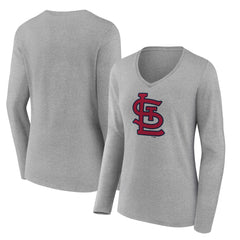 St. Louis Cardinals Women's Core Official Logo Long Sleeve V-Neck T-Shirt - Heather Gray T-shirts