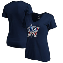 Miami Marlins Logo Women's Banner Wave V-Neck T-Shirt - Navy T-shirts