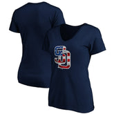 San Diego Padres Logo Women's Banner Wave V-Neck T-Shirt - Navy T-shirts