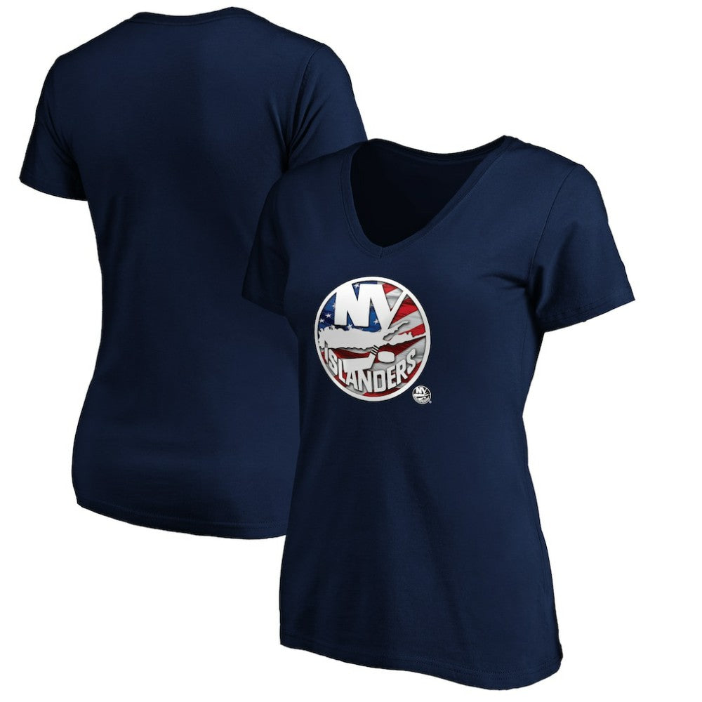NHL New York Islanders Women's Banner Wave Logo V-Neck T-Shirt T-Shirt - Navy