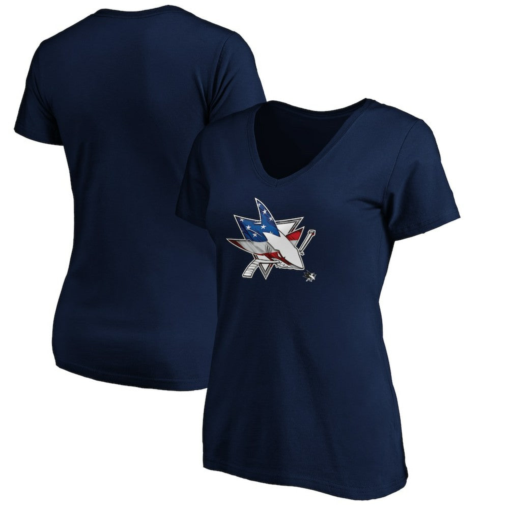 NHL San Jose Sharks Women's Banner Wave Logo V-Neck T-Shirt T-Shirt - Navy
