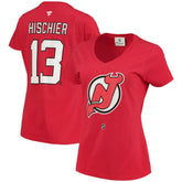 NHL Nico Hischier New Jersey Devils Fanatics Women's Name & Number Logo V-Neck T-Shirt - Red