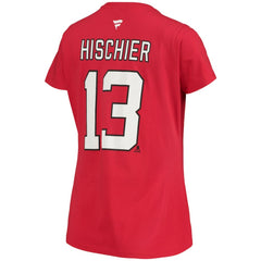 NHL Nico Hischier New Jersey Devils Fanatics Women's Name & Number Logo V-Neck T-Shirt - Red