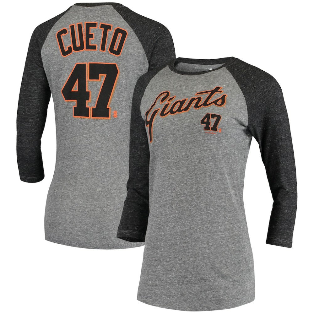 Johnny Cueto San Francisco Giants 5th & Ocean by New Era Women's Script Name & Number Raglan Tri-Blend 3/4-Sleeve T-Shirt - Gray T-shirts