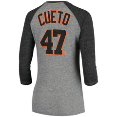 Johnny Cueto San Francisco Giants 5th & Ocean by New Era Women's Script Name & Number Raglan Tri-Blend 3/4-Sleeve T-Shirt - Gray T-shirts