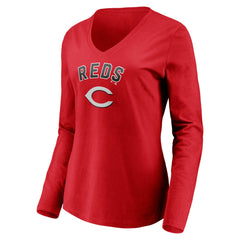 Cincinnati Reds Women's Personalized Winning Streak Name & Number Long Sleeve V-Neck T-Shirt - Red T-shirts