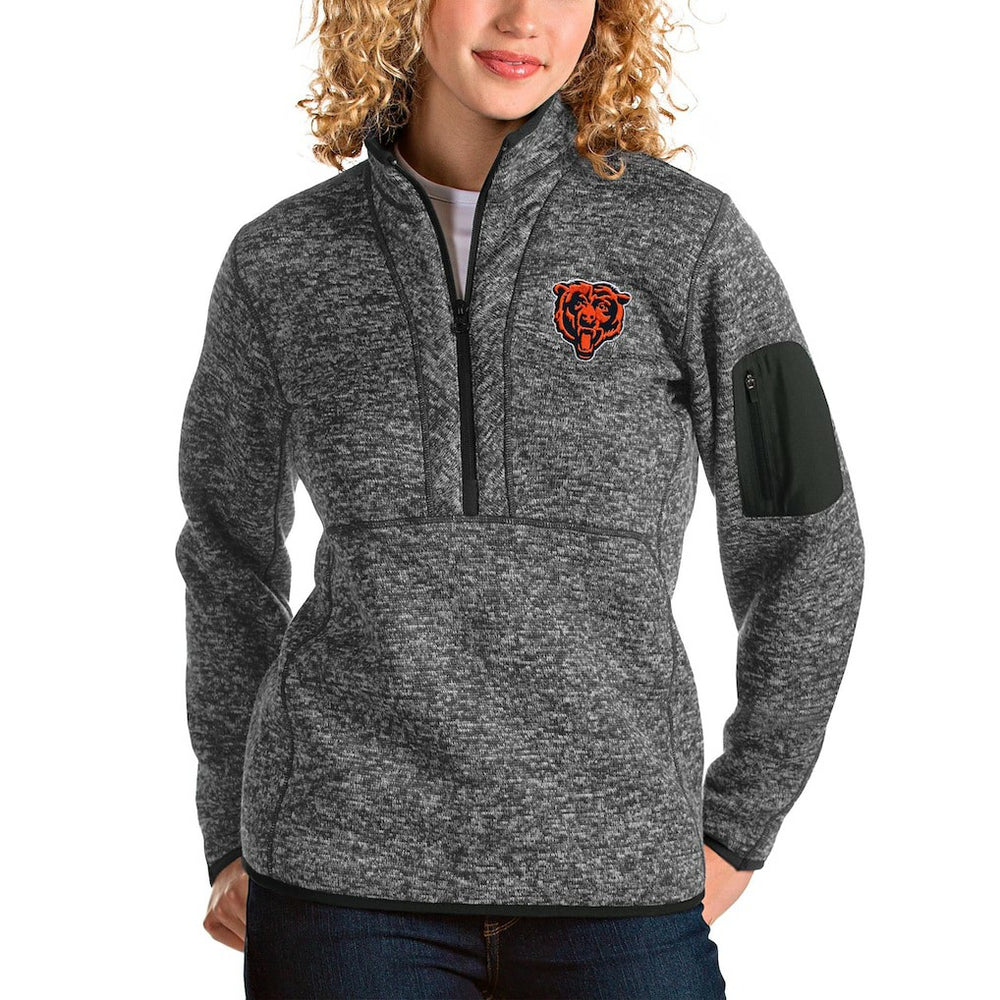 Chicago Bears Antigua Women's Bear Head Fortune Half-Zip Pullover Jacket Heather Charcoal