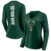 Milwaukee Bucks Women's Playmaker Personalized Name & Number Long Sleeve V-Neck T-Shirt Hunter Green