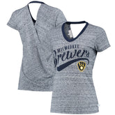 Milwaukee Brewers Touch Women's Hail Mary V-Neck Back Wrap T-Shirt - Navy T-shirts