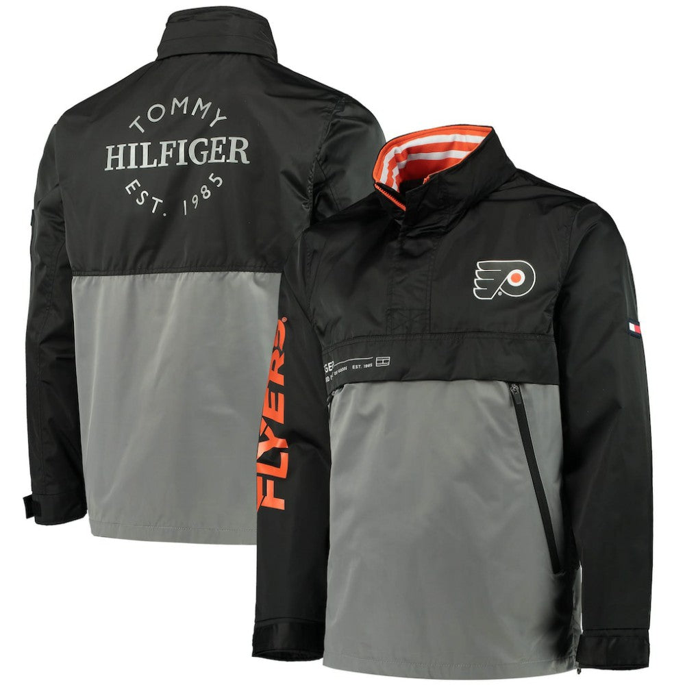 NHL Philadelphia Flyers Tommy Hilfiger Anorak Quarter-Zip Hoodie Jacket - Black/Gray
