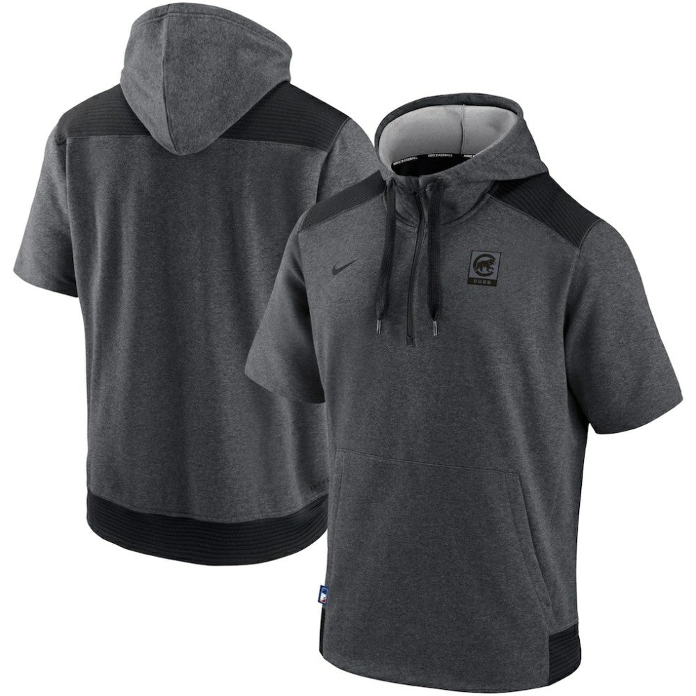 Chicago Cubs Nike Authentic Collection Dry Flux Performance Quarter-Zip Short Sleeve Hoodie - Heathered Charcoal/Black Hoodies