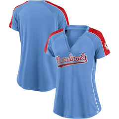St. Louis Cardinals Fanatics Women's Light Blue/Red True Classic League Diva Pinstripe Raglan V-Neck T-Shirt T-shirts