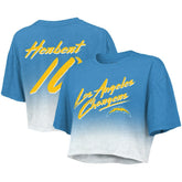 Justin Herbert Los Angeles Chargers Majestic Threads Women's Dip-Dye Player Name & Number Crop Top Powder Blue/White