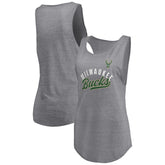 Milwaukee Bucks Women's Quality Time Open Scoop Neck Tri-Blend Tank Top Heathered Gray
