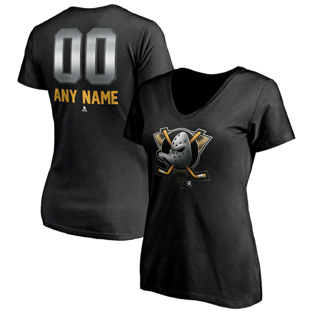 NHL,Custom Anaheim Ducks Women's Personalized Midnight Mascot Logo V-Neck T-Shirt - Black