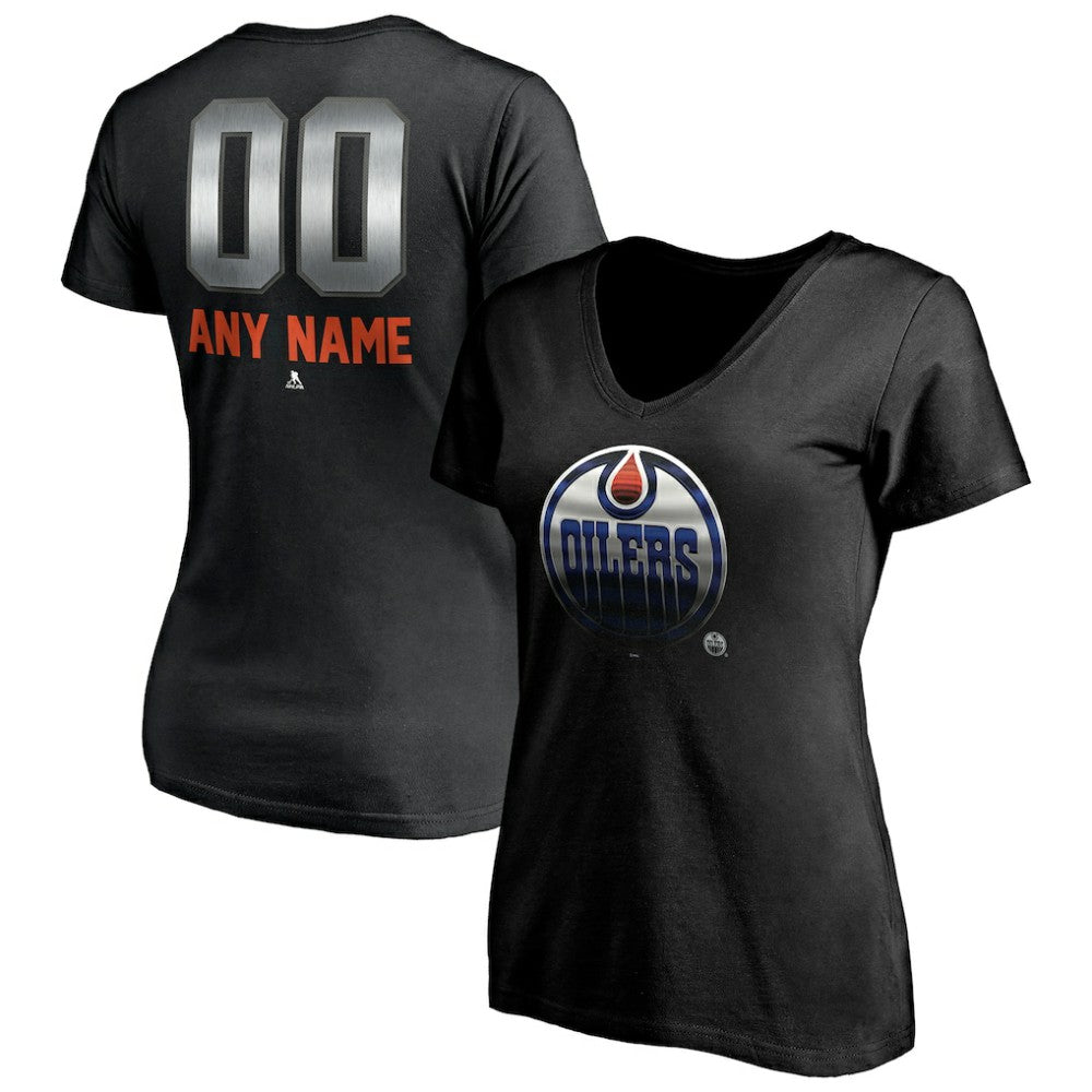 NHL,Custom Edmonton Oilers Women's Personalized Midnight Mascot Logo V-Neck T-Shirt - Black