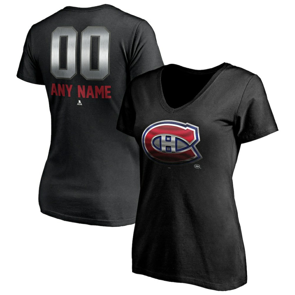 NHL,Custom Montreal Canadiens Women's Personalized Midnight Mascot Logo V-Neck T-Shirt - Black