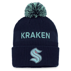 NHL Seattle Kraken Fanatics 2022 NHL Draft Authentic Pro Cuffed Knit Hat with Pom - Deep Sea Blue/Light Blue