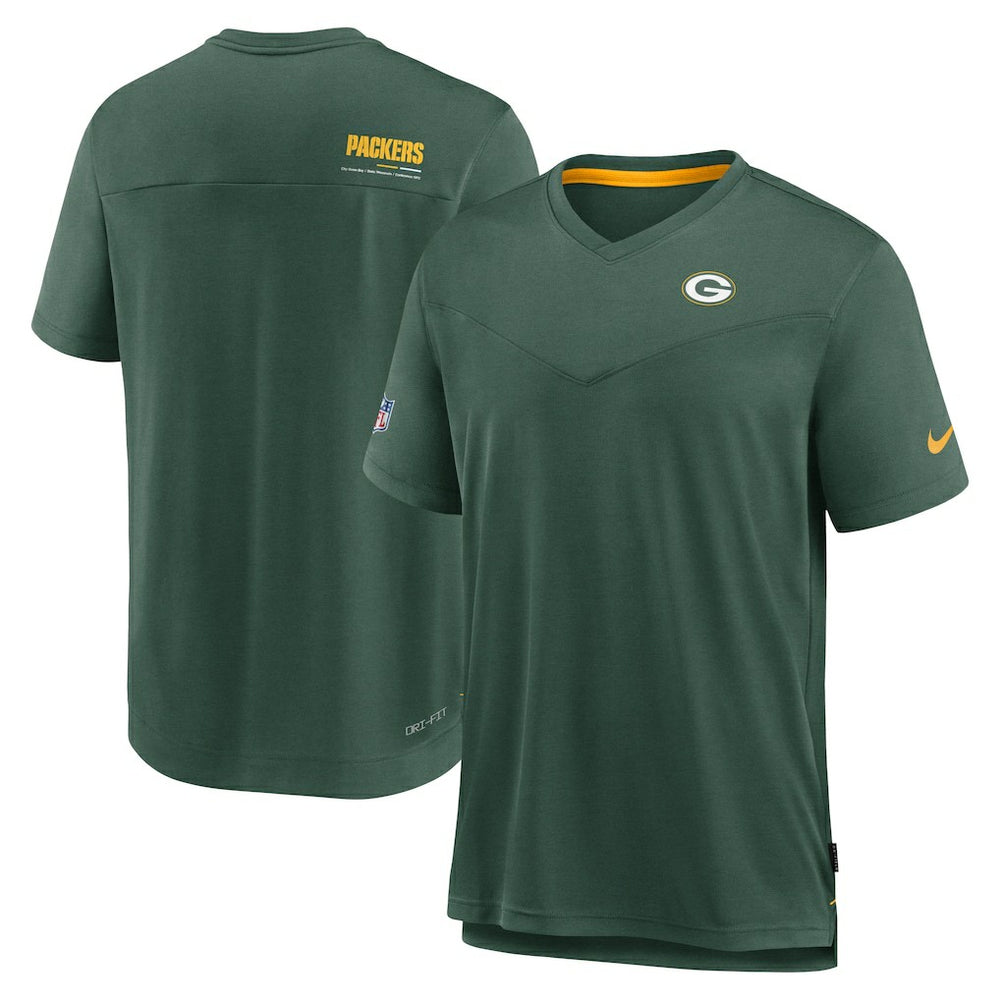 Green Bay Packers Sideline Coach Chevron Lock Up Logo V-Neck Performance T-Shirt Heather Kelly Green