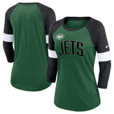 New York Jets Women's Football Pride Raglan 3/4-Sleeve T-Shirt Heather Green/Heather Black