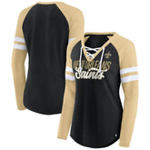 New Orleans Saints Women's True to Form Raglan Lace-Up V-Neck Long Sleeve T-Shirt Black/Gold