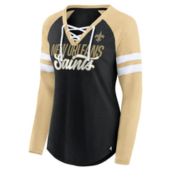 New Orleans Saints Women's True to Form Raglan Lace-Up V-Neck Long Sleeve T-Shirt Black/Gold