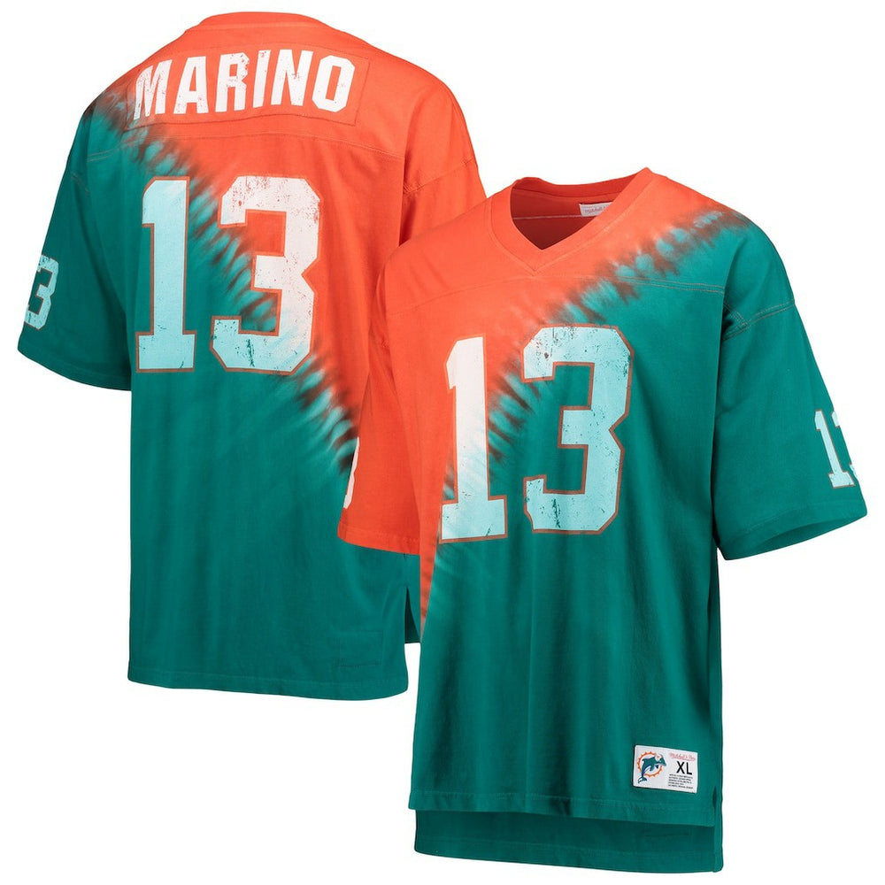 Dan Marino Miami Dolphins Retired Player Name & Number Diagonal Tie-Dye V-Neck T-Shirt Orange/Aqua