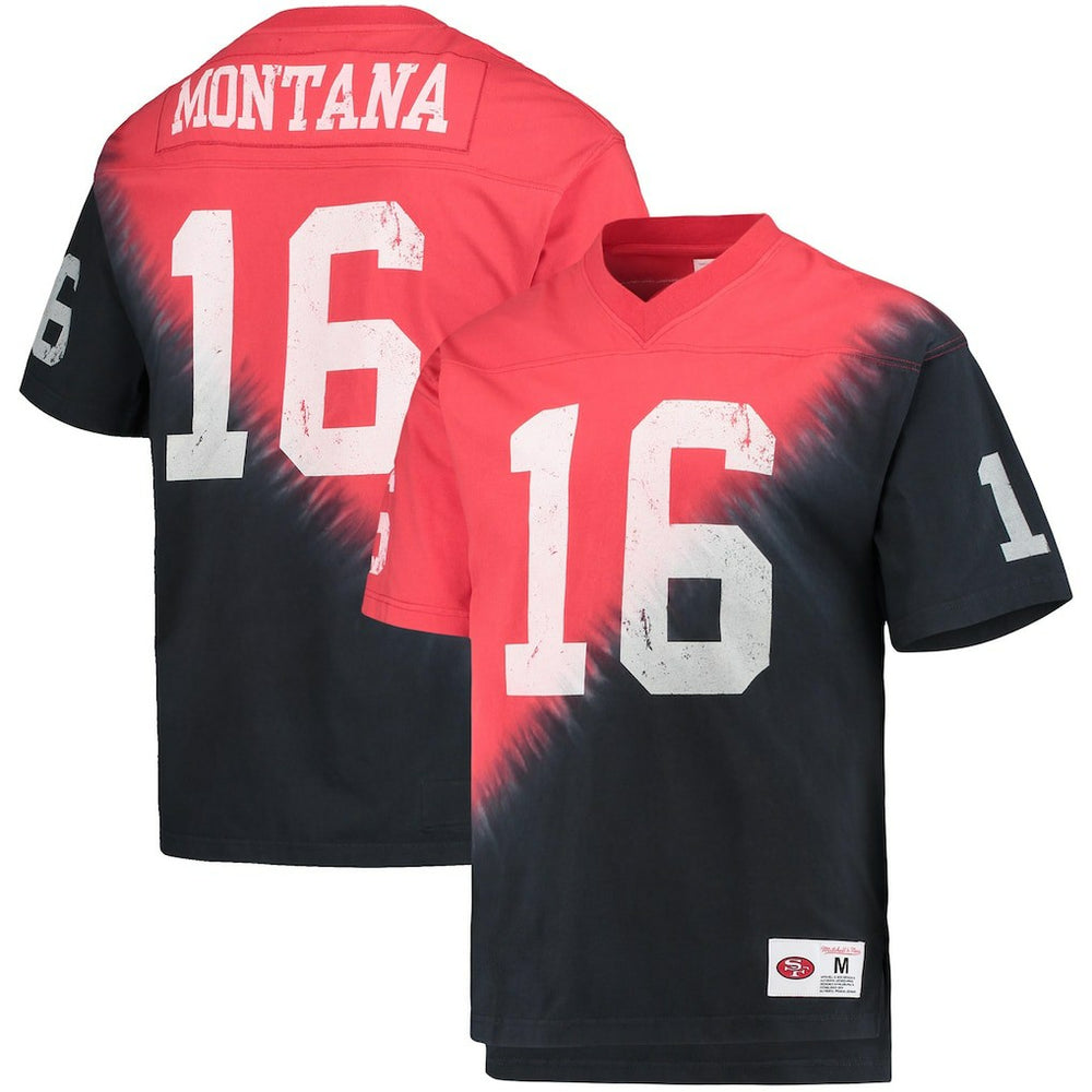 Joe Montana San Francisco 49ers Retired Player Name & Number Diagonal Tie-Dye V-Neck T-Shirt Black/Red