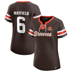 Baker Mayfield Cleveland Browns Women's Athena Name & Number Notch Neck T-Shirt Brown