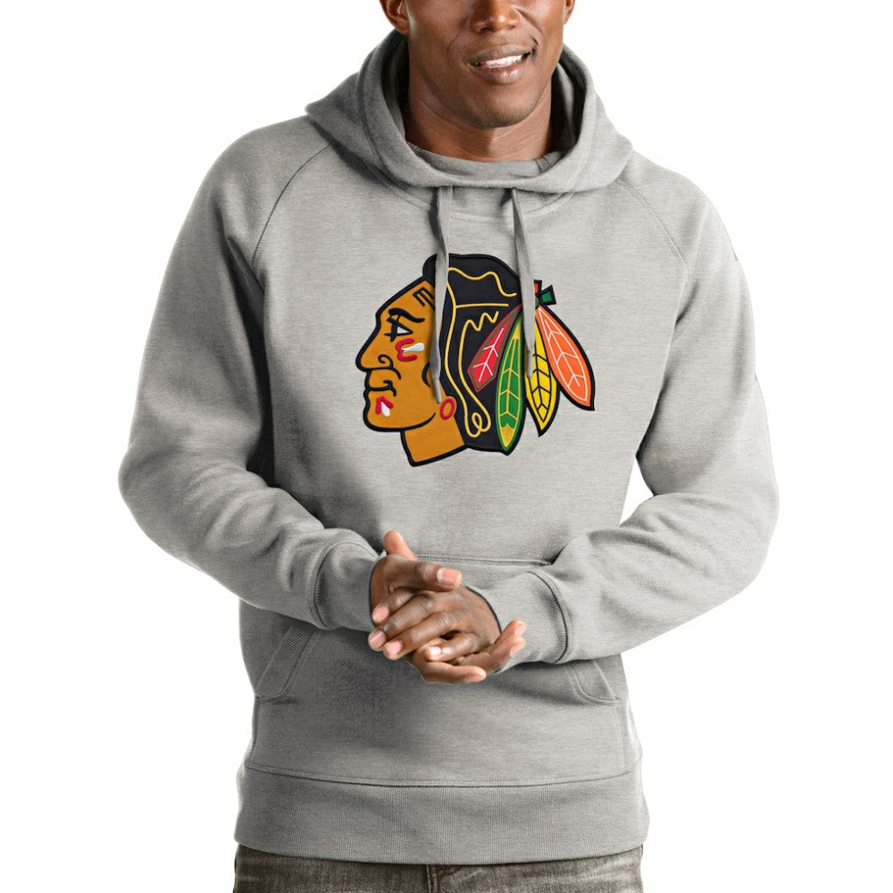 NHL Chicago Blackhawks Antigua Logo Victory Pullover Hoodie - Heathered Gray