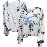 Tennessee Titans Majestic Threads Women's Off-Shoulder Tie-Dye V-Neck Long Sleeve T-Shirt White/Navy