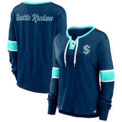 NHL Seattle Kraken Fanatics Women's Effervescent Exclusive Notch Neck Lace-Up Long Sleeve Slub T-Shirt - Navy