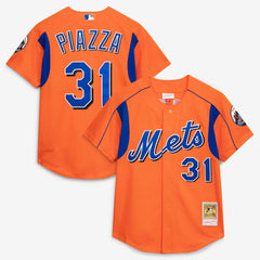 MLB Mike Piazza New York Mets Mitchell & Ness Cooperstown Collection Mesh Batting Practice Button-Up Jersey - Orange