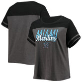 Miami Marlins Women's Plus Size Colorblock T-Shirt - Heathered Charcoal/Black T-shirts