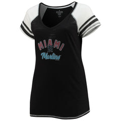 Miami Marlins Soft as a Grape Women's Curvy Color Block Tri-Blend Raglan V-Neck T-Shirt - Black T-shirts